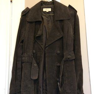 Ladies belted and button down, dark brown suede  jacket